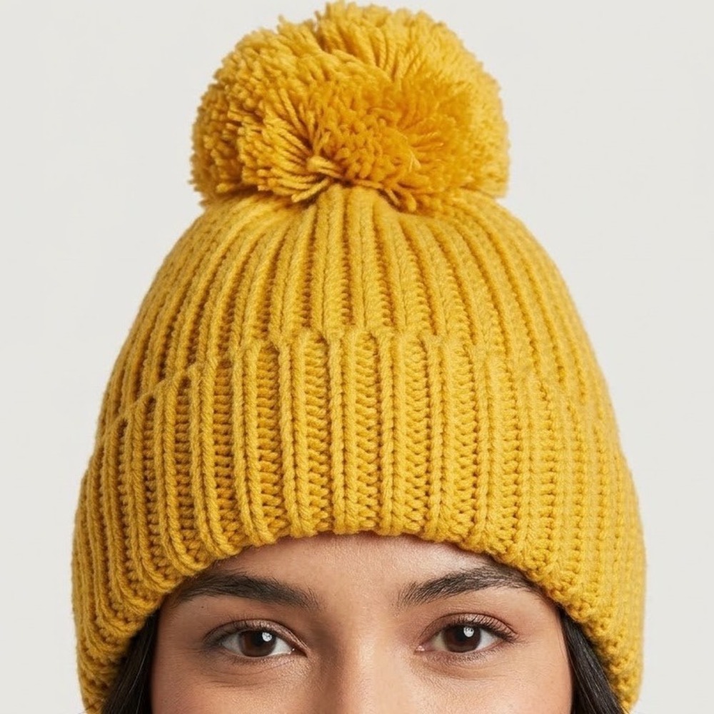 Cejon Mustard Yellow Knit Pom Pom Beanie Ribbed Winter Hat Mustard Gold